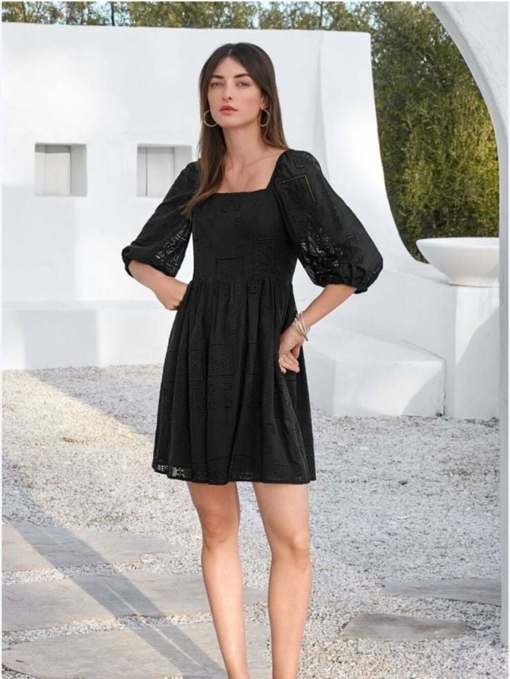 Johnny Was Ella Mini Dress in Black Cotton-Silk Eyelet